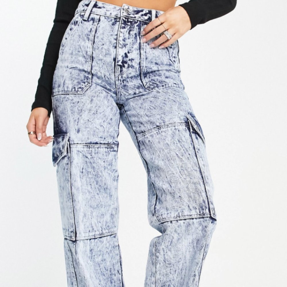 Miss Selfridge denim wide leg cargo jeans in dark acid wash blue (ASOS,)